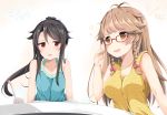  2girls antenna_hair bespectacled black_hair braid brown_eyes brown_hair casual dated drinking_straw glass glasses high_school_fleet long_hair looking_at_viewer multiple_girls munetani_mashiro nosa_kouko pirason ponytail red_eyes simple_background table twin_braids white_background 