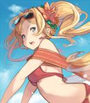  1girl bikini blonde_hair blue_eyes blurry breasts clouds commentary_request day depth_of_field earrings flower from_side granblue_fantasy hair_flower hair_ornament hanarito jewelry long_hair medium_breasts outdoors red-framed_eyewear red_bikini sky solo sunglasses sunglasses_on_head swimsuit twintails upper_body zeta_(granblue_fantasy) 
