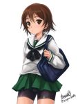  1girl arm_behind_back artist_name bag bangs bike_shorts black_neckerchief black_shorts blouse brown_eyes brown_hair carrying collarbone cowboy_shot girls_und_panzer green_skirt haruhata_mutsuki isobe_noriko long_sleeves looking_at_viewer miniskirt neckerchief ooarai_school_uniform parted_lips pleated_skirt school_bag school_uniform serafuku short_hair shorts shorts_under_skirt signature simple_background skirt solo standing twitter_username white_background white_blouse 