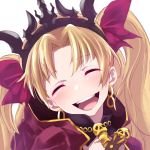  1girl artist_request blonde_hair blush cape closed_eyes earrings ereshkigal_(fate/grand_order) fate/grand_order fate_(series) hair_ribbon jewelry long_hair open_mouth red_cape red_ribbon ribbon skull smile solo tiara tohsaka_rin twintails 