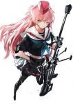  1girl anti-materiel_rifle artist_request girls_frontline gloves gun hand_on_hip hat knee_pads long_hair ntw-20 ntw-20_(girls_frontline) one_eye_closed pantyhose pink_eyes pink_hair pleated_skirt rifle skirt sniper_rifle weapon 