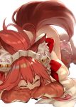 1girl :3 animal_ear_fluff animal_ears blush bottomless bottomless_female bow cat_day cat_hair_ornament closed_eyes commentary_request cursor fate/grand_order fate_(series) fox_ears fox_tail frills gloves hair_bow hair_ornament leg_garter long_hair maid_headdress no_panties paw_gloves paw_shoes paws pink_eyebrows pink_hair ponytail red_bow red_gloves shirabi shoes simple_background solo tail tamamo_(fate)_(all) tamamo_cat_(fate) top-down_bottom-up white_background wince