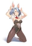  1girl animal_ears armpits arms_up black_legwear blue_hair blush breasts brown_eyes bunny_tail bunnysuit cleavage commentary_request cosplay detached_collar extra fake_animal_ears full_body granblue_fantasy hanarito kneeling long_hair looking_at_viewer medium_breasts open_mouth orange_eyes pantyhose rabbit_ears simple_background solo sophia_(granblue_fantasy) tail tears twintails white_background 