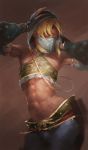  1boy abs alternate_costume blonde_hair closed_eyes crossdressinging dancing detached_sleeves gerudo_link highres link midriff navel solo tabechan the_legend_of_zelda the_legend_of_zelda:_breath_of_the_wild toned toned_male trap veil 