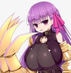  1girl bare_shoulders belt_collar bodysuit bow breasts claws eyebrows_visible_through_hair fate/extra fate/extra_ccc fate_(series) gigantic_breasts hair_bow hair_ribbon highres huge_breasts long_hair passion_lip pink_bow pink_eyes pink_ribbon purple_hair ribbon sawati simple_background solo very_long_hair white_background 