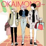  1girl 2boys bag black_hair blonde_hair bracelet closed_eyes coat earrings glasses handbag jewelry katsuki_yuuri locked_arms mila_babicheva multiple_boys redhead shopping_bag smile sunglasses ure_p walking yuri!!!_on_ice yuri_plisetsky 