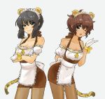  2girls alternate_costume animal_ears apron arm_behind_back bangs black_legwear blue_eyes brown_dress brown_hair choker closed_eyes closed_mouth cowboy_shot crossed_arms dark_skin dress fake_animal_ears fake_tail frilled_dress frills girls_und_panzer gloves green_eyes headdress hoshino_(girls_und_panzer) messy_hair multiple_girls nakajima_(girls_und_panzer) oimo_mushi one_eye_closed pantyhose pose short_hair simple_background smile standing suzuki_(girls_und_panzer) tail tsuchiya_(girls_und_panzer) waist_apron waitress white_background white_gloves 