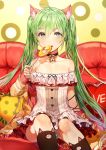  1girl ahoge animal_ears bell bell_collar candy cat_ears collar couch cushion eating food green_eyes green_hair hatsune_miku jingle_bell kim_eb kneehighs lollipop long_hair panties sitting solo striped striped_panties twintails underwear vocaloid 