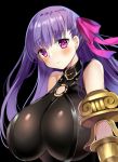  1girl bare_shoulders belt_buckle belt_collar black_background blush breasts buckle claws cleavage commentary criss-cross_halter eyebrows_visible_through_hair fate/extra fate/extra_ccc fate/grand_order fate_(series) hair_ribbon halterneck harimoji huge_breasts long_hair looking_at_viewer looking_to_the_side o-ring_top parted_lips passion_lip pink_ribbon purple_hair ribbon simple_background solo very_long_hair violet_eyes 