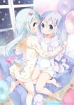  2girls absurdres aqua_eyes balloon bangs bare_legs barefoot blue_eyes blush bow clenched_hand collarbone commentary_request couch crossover cushion dated door eromanga_sensei feet flat_chest frills from_behind gochuumon_wa_usagi_desu_ka? hair_between_eyes hair_bow hair_ornament hairclip heart heart_print highres hood hooded_jacket indoors izumi_sagiri jacket kafuu_chino kneeling lavender_hair lavender_jacket light_blue_hair long_hair long_sleeves look-alike looking_at_viewer low-tied_long_hair multiple_girls neki_(wakiko) night nightgown no_panties on_couch open_mouth pajamas parted_lips pink_bow sidelocks silver_hair sitting sky smile soles sparkle star star_(sky) starry_sky string_bikini striped striped_bow stuffed_animal stuffed_bunny stuffed_toy toes twitter_username unicorn very_long_hair wall window wooden_floor x_hair_ornament 
