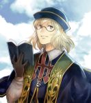  1boy blonde_hair book brown_eyes clouds glasses gloves granblue_fantasy hat jewelry long_hair male_focus necklace sky solo teeth ten_(kisako) upper_body will_(granblue_fantasy) 