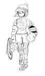  1girl arms_(game) bangs beanie bike_shorts chinese_clothes facepaint food full_body hat legwear_under_shorts looking_at_viewer mask min_min_(arms) monochrome noodles short_hair shorts solo 