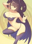  1girl arched_back bra breasts cleavage commentary_request eyebrows_visible_through_hair gradient_hair half-closed_eyes hand_on_own_head kazto_furuya large_breasts long_hair multicolored_hair original panties purple_hair purple_legwear purple_panties red_eyes smile solo standing standing_on_one_leg strapless strapless_bra thigh-highs twintails underwear underwear_only very_long_hair 