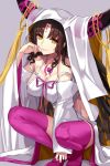  1girl aosaki_yukina bare_shoulders black_hair boots breasts cleavage collarbone detached_sleeves erect_nipples facial_mark fate/extra fate/extra_ccc fate_(series) forehead_mark high_heel_boots high_heels horns large_breasts long_hair long_sleeves looking_at_viewer pink_boots sesshouin_kiara smile solo squatting tattoo thigh-highs thigh_boots veil very_long_hair wavy_hair wide_sleeves yellow_eyes 