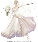  1girl armpits artist_request bangs bare_shoulders blonde_hair blue_eyes bouquet breasts company_connection copyright_name dress dual_wielding earrings elbow_gloves end_of_eternity flower full_body gloves gun handgun holding holding_weapon jewelry medium_breasts official_art petals reanbell simple_background smile solo tiara veil weapon wedding_dress white_background white_dress white_gloves 