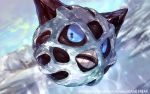  blue_eyes blue_sclera blue_sky building castle cliff commentary_request company_name day floating glalie jikan_hakushaku light_particles looking_at_viewer motion_blur no_humans open_mouth outdoors pokemon pokemon_(creature) shiny signature sky snow teeth winter 