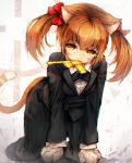  1girl all_fours animal_ears brown_eyes brown_hair cat_ears cat_paws cat_tail golden_gun highres kajaneko looking_at_viewer mouth_hold paws short_hair solo tail twintails 