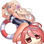  ;d ahoge ass blonde_hair blue_eyes blush crop_top flower hair_flower hair_ornament i-58_(kantai_collection) kantai_collection kyon_(fuuran) lifebuoy long_hair looking_at_viewer one-piece_swimsuit one_eye_closed open_mouth red_eyes redhead ro-500_(kantai_collection) sailor_collar salute school_swimsuit simple_background smile swimsuit tan tanline white_background 