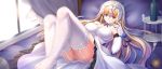  1girl ame_wa_a_ga_tsutano? apple ass blonde_hair blue_eyes bottle breasts elbow_gloves fate/grand_order fate_(series) food fruit garter_straps gloves headpiece highres large_breasts long_hair looking_at_viewer lying on_back on_bed panties pillow ruler_(fate/apocrypha) smile solo thigh-highs traditional_media underwear watercolor_pencil_(medium) white_legwear wine_bottle 