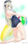  1girl ama_mitsuki ass ball bare_legs barefoot beachball blonde_hair commentary_request dated feet food foreshortening hat holding holding_food innertube kantai_collection kneeling long_hair looking_at_viewer looking_back off_shoulder one-piece_swimsuit popsicle school_swimsuit soles solo swimsuit swimsuit_pull u-511_(kantai_collection) 
