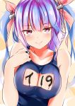  1girl bare_arms bare_shoulders breasts cleavage_cutout eyebrows_visible_through_hair i-19_(kantai_collection) kantai_collection large_breasts long_hair purple_hair red_eyes school_swimsuit smile solo swimsuit tatusinomu tri_tails 