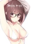  1girl arms_up bangs bikini blush breasts brown_hair closed_mouth eyebrows_visible_through_hair front-tie_bikini front-tie_top glasses looking_at_viewer medium_breasts nekobaka original pursed_lips short_hair sidelocks simple_background solo swimsuit upper_body violet_eyes white_background white_bikini 