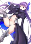  1girl 28aarts absurdres armor armored_boots bangs black_coat blue_eyes blue_ribbon blush boots closed_mouth crotch_plate eyebrows_visible_through_hair fate/extra fate/extra_ccc fate_(series) hair_ribbon highres leg_up long_hair looking_at_viewer meltlilith navel purple_hair revealing_clothes ribbon simple_background smile solo thigh-highs thighs white_background 