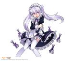  1girl apron black_dress blush breasts character_name copyright_name dress dress_tug elsword frilled_dress frills hair_between_eyes highres hwansang long_hair maid_headdress open_mouth purple_ribbon red_eyes ribbon silver_hair simple_background solo standing tears thigh-highs white_background white_legwear 