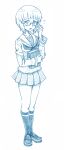  1girl alternate_costume bangs bbb_(friskuser) bespectacled blouse blue_theme blunt_bangs blush bob_cut book commentary cutlass_(girls_und_panzer) flying_sweatdrops frown full_body girls_und_panzer glasses highres holding holding_book loafers long_sleeves looking_at_viewer miniskirt monochrome neckerchief ooarai_school_uniform open_mouth pleated_skirt sailor_collar school_uniform serafuku shoes short_hair single_horizontal_stripe skirt socks solo standing 