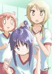  3girls ahoge artist_name blonde_hair blush gym_uniform hinata_yukari ichii_yui long_hair looking_at_another medium_hair multiple_girls nonohara_yuzuko open_mouth pink_hair ponytail purple_hair short_hair smile twintails yellow_eyes yukiroku yuyushiki 