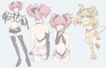  2girls alternate_costume animal_ears ass bikini blonde_hair boots breasts choker cleavage fang flat_chest from_behind gloves green_eyes halter_top halterneck high_heel_boots high_heels idolmaster idolmaster_cinderella_girls jougasaki_mika jougasaki_rika lion_ears lion_tail looking_at_viewer midriff multiple_girls navel o-ring_top open_clothes open_shorts paw_gloves paws pink_hair short_shorts shorts skirt sling_bikini small_breasts smile strapless striped striped_legwear swimsuit tail thigh-highs tomason tubetop twintails whip 