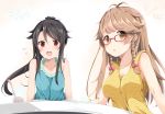  2girls antenna_hair bespectacled black_hair braid brown_eyes brown_hair casual dated drinking_straw glass glasses high_school_fleet long_hair looking_at_viewer multiple_girls munetani_mashiro nosa_kouko pirason ponytail red_eyes simple_background table twin_braids white_background 