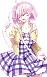  1girl ahoge alternate_costume closed_eyes fate/grand_order fate_(series) glasses hair_over_one_eye highres hood hoodie paperfinger purple_hair shielder_(fate/grand_order) short_hair smile solo white_background 