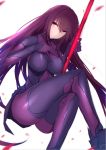  1girl armor bodysuit breasts fate/grand_order fate_(series) gae_bolg holding holding_weapon large_breasts legs legs_crossed long_hair looking_at_viewer petals polearm purple_bodysuit purple_hair red_eyes saisarisu scathach_(fate/grand_order) shoulder_armor smile solo spear very_long_hair weapon 