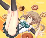  1girl arm_warmers ass bow brown_eyes brown_hair doughnut dress_shirt food french_cruller hair_bow highres kantai_collection long_hair looking_at_viewer michishio_(kantai_collection) outstretched_arms plaid plaid_bow shirt skirt solo suspenders tamayan twintails twitter_username 