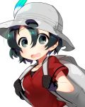  1girl akemaru backpack bag black_eyes black_gloves black_hair blush bucket_hat gloves hair_between_eyes hat hat_feather holding_backpack holding_bag kaban_(kemono_friends) kemono_friends open_mouth portrait red_shirt shirt short_hair simple_background solo surprised wavy_hair white_background 