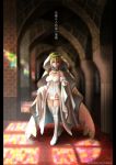  1girl absurdres bare_shoulders blonde_hair breasts bridal_veil cleavage column fate/extra fate_(series) highres kuraka large_breasts lock outstretched_arms padlock pillar saber_bride saber_extra solo stained_glass thigh-highs thighs translation_request type-moon veil wide_sleeves 