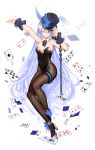  1girl adjusting_clothes adjusting_hat animal_ears ankle_bow ankle_ribbon arm_up bare_shoulders black_hat black_legwear black_leotard blue_bow blue_hair blurry blush bow bowtie breasts card cleavage clubs collarbone covered_navel depth_of_field detached_collar diamond_(shape) earrings frills full_body hair_over_one_eye hand_on_headwear hat hat_bow heart high_heels jewelry kote-sensei leg_garter leotard long_hair looking_at_viewer medium_breasts original outstretched_arm pantyhose parted_lips playing_card rabbit_ears ribbon shoes simple_background solo spade strapless strapless_leotard striped striped_bow striped_bowtie top_hat very_long_hair white_background white_shoes wrist_cuffs 