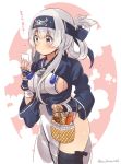  1girl ainu_clothes bandanna basket black_legwear blue_eyes breasts carrot folded_ponytail headband highres kamoi_(kantai_collection) kantai_collection long_hair long_sleeves onion paper potato sidelocks smile solo suzuki_toto thick_eyebrows thigh-highs twitter_username white_hair wrist_guards 