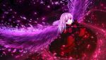  1girl bow dress gothic_lolita highres k_(anime) kushina_anna lolita_fashion long_hair looking_at_viewer parted_lips pekakiu petals red_bow red_dress red_eyes silver_hair solo standing wings 