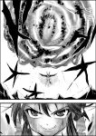  &gt;:) 1girl 2koma arms_up c: comic cracked energy evil_smile face greyscale highres monochrome niiko_(gonnzou) outstretched_arms reiuji_utsuho shirt skirt slit_pupils smile solo touhou translation_request wings 