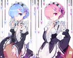  2girls apron black_ribbon blue_hair breasts choker cleavage detached_sleeves finger_to_mouth hair_over_one_eye hair_ribbon hand_on_hip head_wreath highres hwansang index_finger_raised looking_at_viewer maid medium_breasts multiple_girls neck_ribbon parted_lips pink_hair pink_ribbon purple_ribbon ram_(re:zero) re:zero_kara_hajimeru_isekai_seikatsu red_eyes rem_(re:zero) ribbon ribbon-trimmed_dress ribbon-trimmed_sleeves ribbon_trim short_hair smile standing striped striped_background 