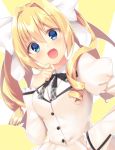  1girl blonde_hair blush bow character_request copyright_request drill_hair eyebrows_visible_through_hair hair_bow highres jiiwara long_hair long_sleeves looking_at_viewer open_mouth smile solo twintails white_bow 
