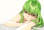  1girl beige_background c.c. chin_rest closed_mouth code_geass creayus eyebrows_visible_through_hair foreshortening green_hair long_hair looking_at_viewer sidelocks simple_background solo upper_body yellow_eyes 