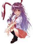  1girl animal_ears asuzemu bangs black_legwear black_shoes full_body hair_between_eyes highres long_hair looking_at_viewer miniskirt necktie puffy_short_sleeves puffy_sleeves purple_hair rabbit_ears red_eyes red_necktie red_skirt reisen_udongein_inaba shirt shoes short_sleeves simple_background skirt solo squatting touhou very_long_hair white_background white_shirt 