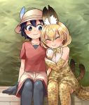 2girls animal_ears black_eyes black_hair blush bucket_hat closed_eyes commentary_request feathers happy hat highres kaban_(kemono_friends) kemono_friends multiple_girls serval_(kemono_friends) serval_ears serval_print serval_tail smile tail tail_wagging 