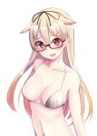  1girl :d arms_at_sides bare_arms bare_shoulders bespectacled bikini bikini_top black_ribbon blonde_hair blush breasts cleavage collarbone commentary_request glasses gradient_hair hair_between_eyes hair_flaps hair_ribbon kantai_collection long_hair looking_at_viewer medium_breasts multicolored_hair navel nekobaka open_mouth orange_hair raised_eyebrows red_eyes remodel_(kantai_collection) ribbon smile solo stomach straight_hair string_bikini swimsuit upper_body very_long_hair white_bikini yuudachi_(kantai_collection) 