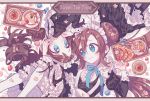  2girls alternate_costume apron artist_name blue_eyes blush border brown_hair croissant double_bun dress enmaided eye_contact food frilled_skirt frills fruit hand_on_another&#039;s_head highres juliet_sleeves long_hair long_sleeves looking_at_another lying macaron maid maid_apron maid_headdress mei_(pokemon) multiple_girls neck_ribbon pie pokemon pokemon_(game) pokemon_bw pokemon_bw2 ponytail pudding puffy_sleeves raspberry ribbon skirt smile sweets symbol-shaped_pupils text thigh-highs touko_(pokemon) twintails twitter_username very_long_hair white_legwear wrist_cuffs 