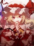  &gt;:d 1girl :d ascot blonde_hair blood blood_from_mouth crystal fangs flandre_scarlet frilled_shirt_collar frills hair_between_eyes hat hat_ribbon highres looking_at_viewer mob_cap nail_polish no-kan open_mouth puffy_short_sleeves puffy_sleeves red_eyes red_nails red_ribbon red_skirt red_vest ribbon short_sleeves side_ponytail skirt skirt_set smile solo touhou upper_body vest wings wrist_cuffs yellow_ascot 