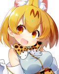  &gt;:d 1girl :d akemaru animal_ears blonde_hair blush bow bowtie elbow_gloves gloves high-waist_skirt highres kemono_friends open_mouth portrait serval_(kemono_friends) serval_ears serval_print shirt short_hair simple_background skirt sleeveless sleeveless_shirt smile solo white_background yellow_eyes 